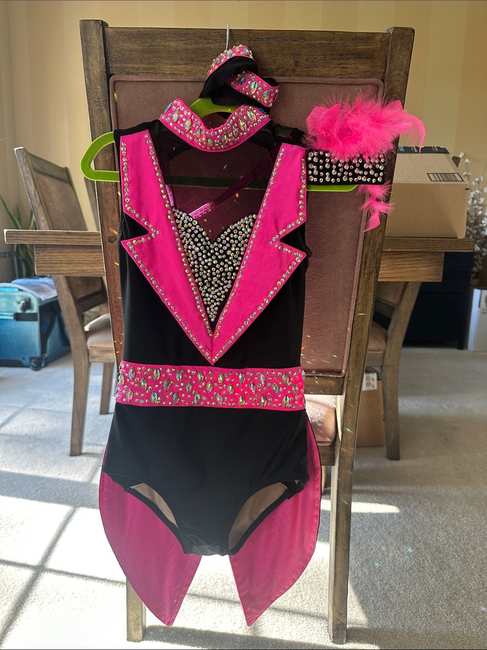 Black Illusion Mesh Dance Costume Hot Pink Rhinestone Bodysuit Set